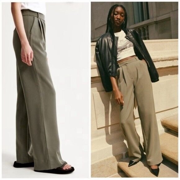 A&F Abercrombie & Fitch Sloane Tailored Pant Ultra High Wide Leg Olive Sz 26 - Picture 2 of 10